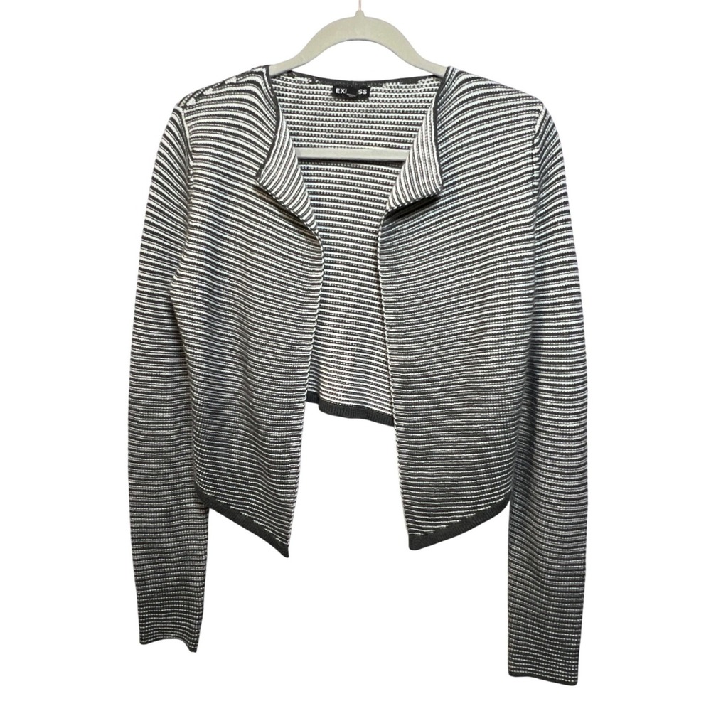 Express Womens Grey‎ White Striped Cropped Open Front Merino Wool Cardigan S